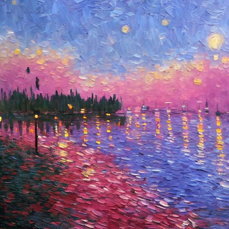 Impressionist-style painting: Reflective water surface at twilight with lights and silhouetted figure