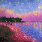 Impressionist-style painting: Reflective water surface at twilight with lights and silhouetted figure