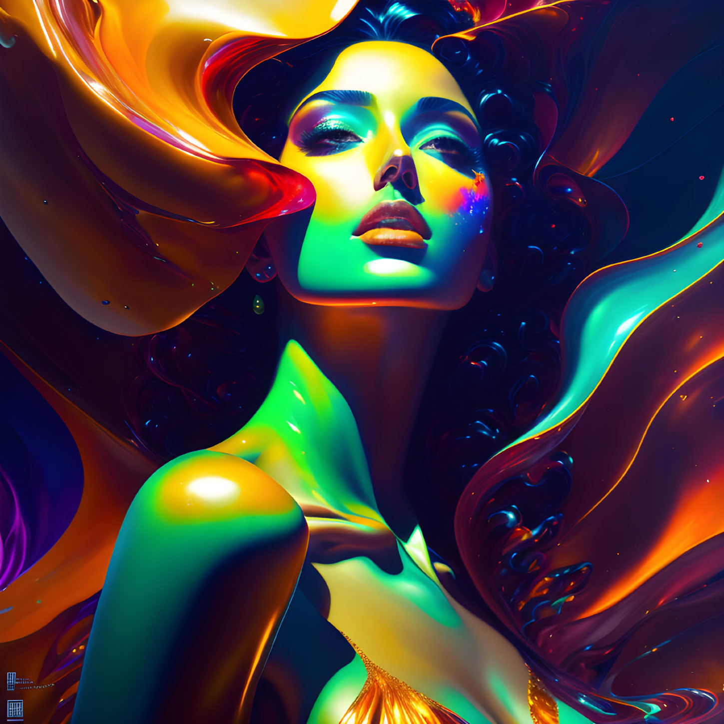 Colorful digital art: Woman with flowing hair and iridescent skin on dark backdrop