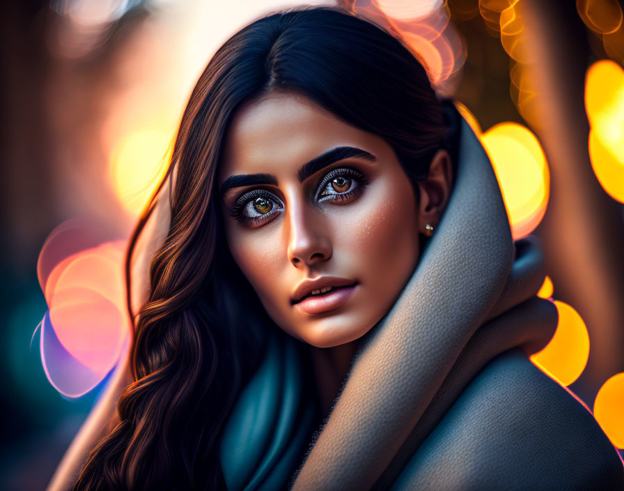 Digital portrait of woman with striking eyes and scarf against bokeh lights