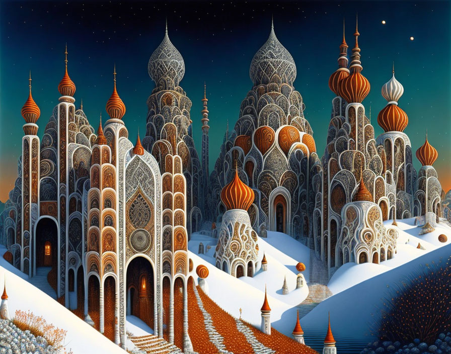 Ornate Cityscape with Onion Domes and Archways at Night
