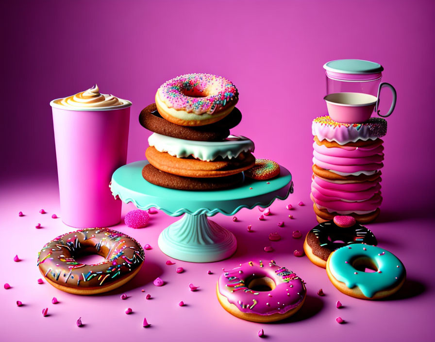 Assortment of Colorful Donuts and Drink on Pink Background