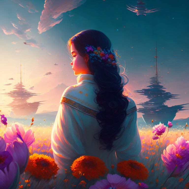 Woman with flowers in hair admires surreal sunset sky and floating islands.