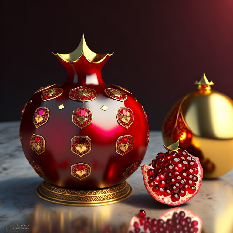 Red and Gold Ornate Vase with Sphere and Pomegranate on Dark Background