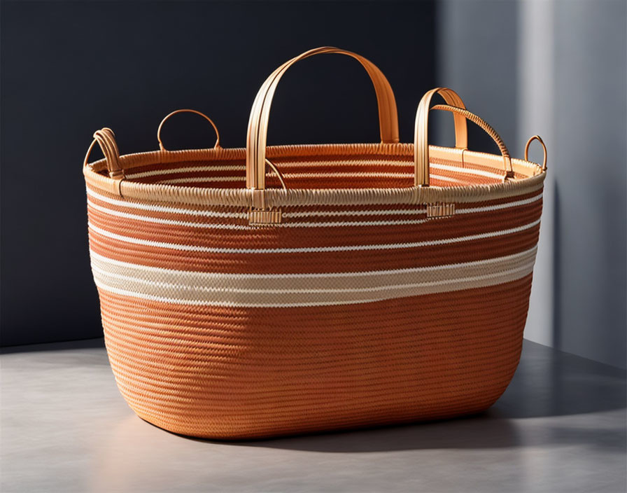 Orange-Striped Woven Basket on Table with Handles