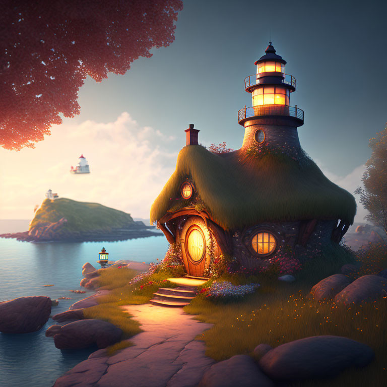 Thatched roof lighthouse on seaside cliff at sunset