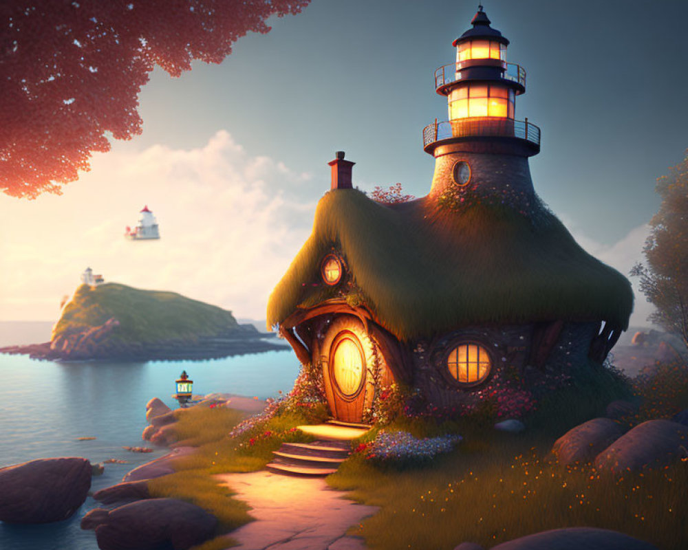Thatched roof lighthouse on seaside cliff at sunset
