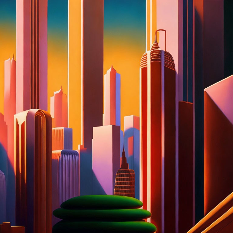 Vibrant cityscape painting with warm skyscrapers and green circles