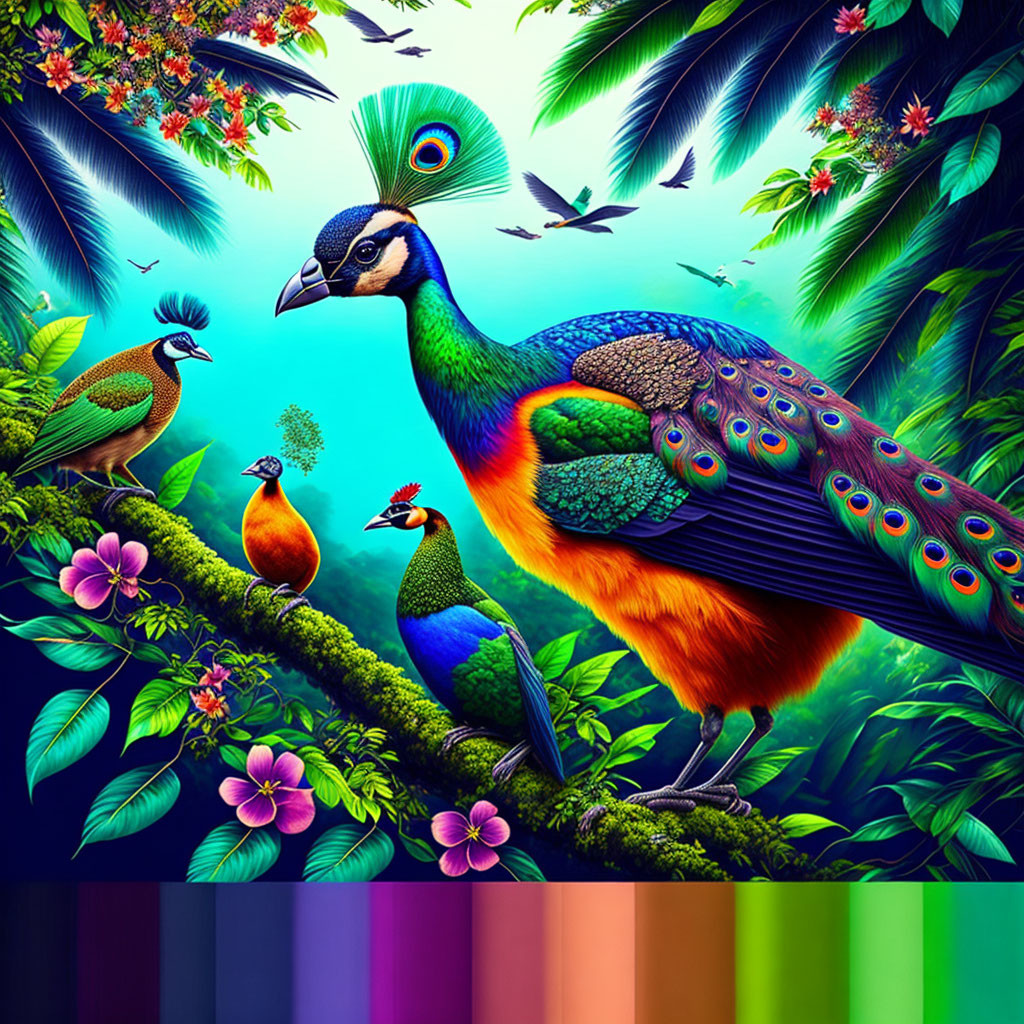 Colorful Peacock Art Among Tropical Flora on Blue Gradient Background