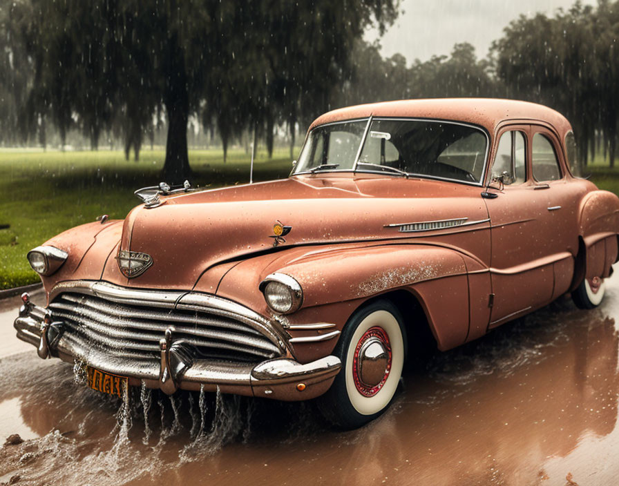 Vintage Car Splashing Through Water in Rainy Scene