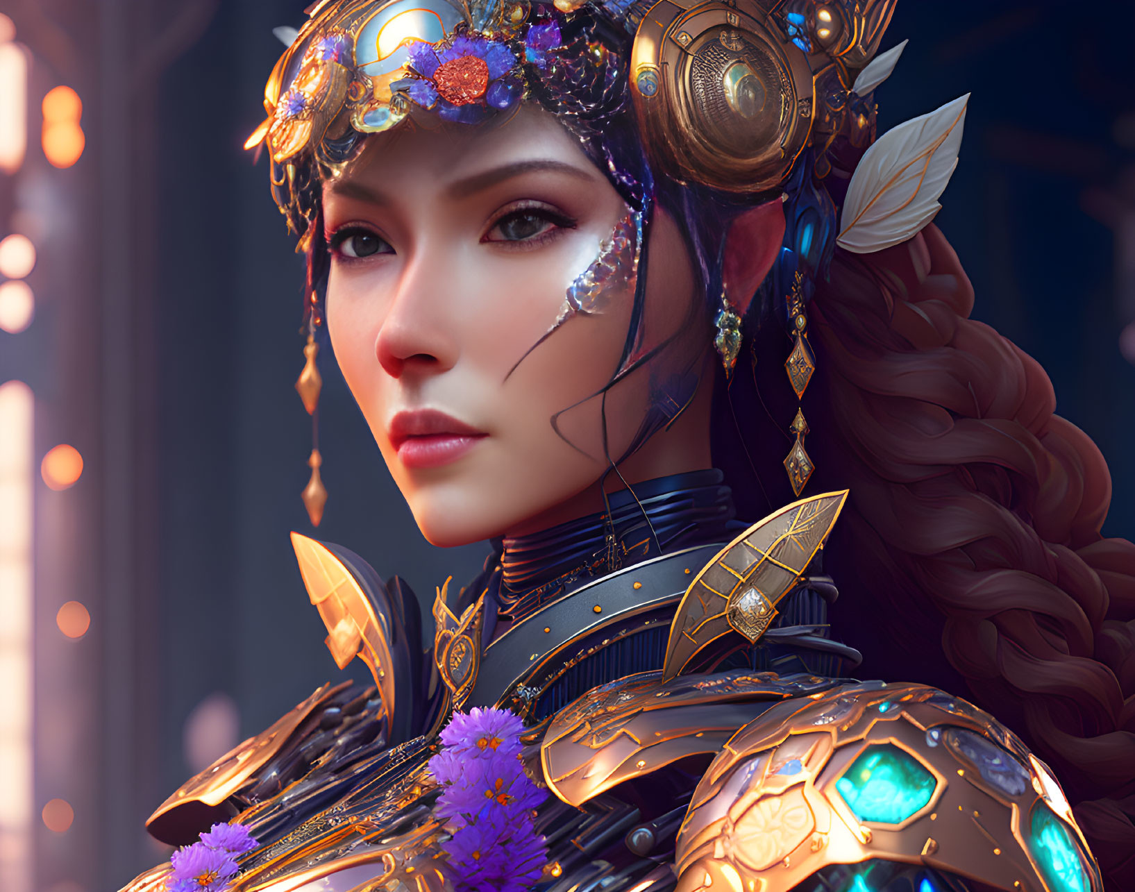 Detailed digital artwork of a woman in golden armor with floral elements and futuristic helmet.