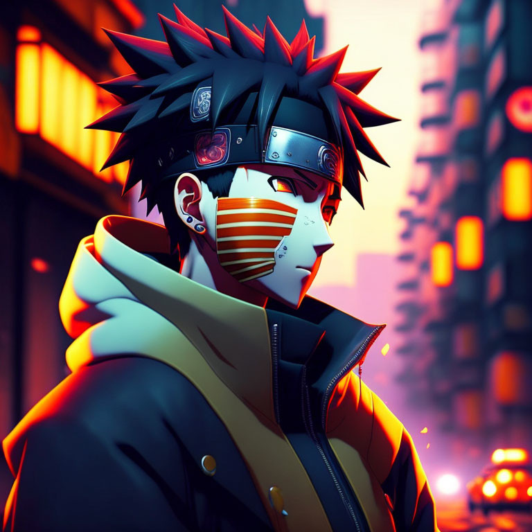 Spiky-haired male anime character with headband and mask in cityscape illustration