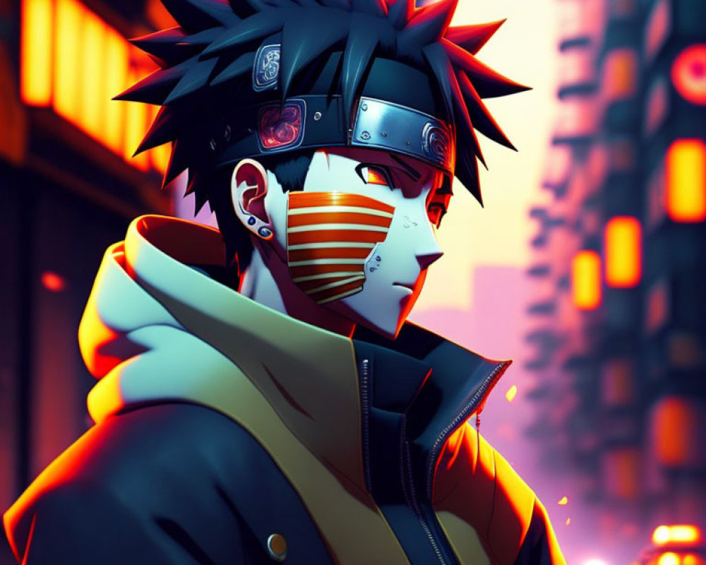 Spiky-haired male anime character with headband and mask in cityscape illustration