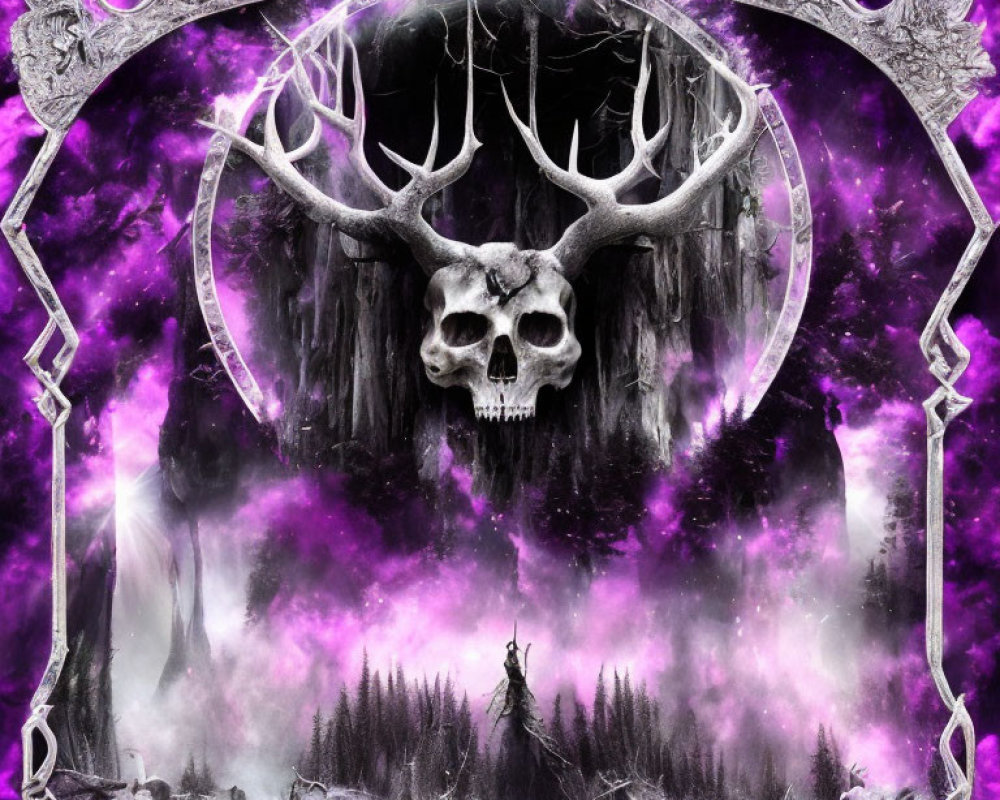 Mystical skull with antlers in forest silhouette with purple haze and silver border