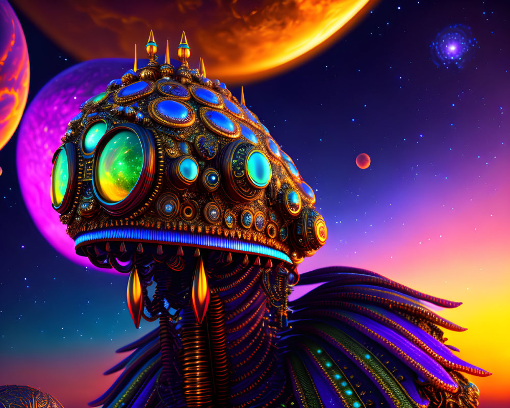 Colorful Alien Structure Amid Celestial Bodies in Surreal Sky