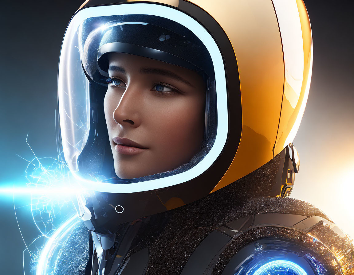 Futuristic space helmet with reflective visor and advanced suit against dark background