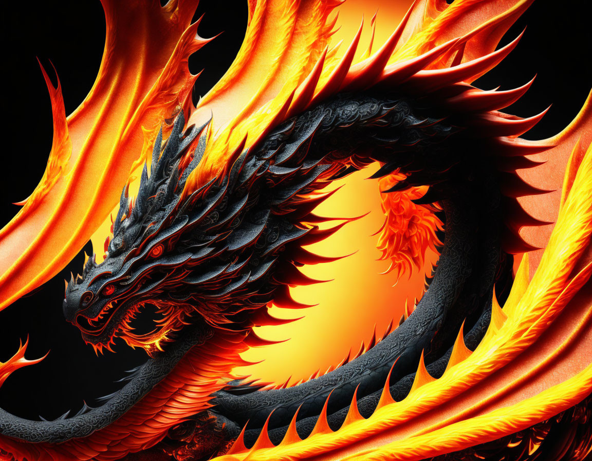 Black and Orange Dragon with Fiery Wings and Scales on Dark Background