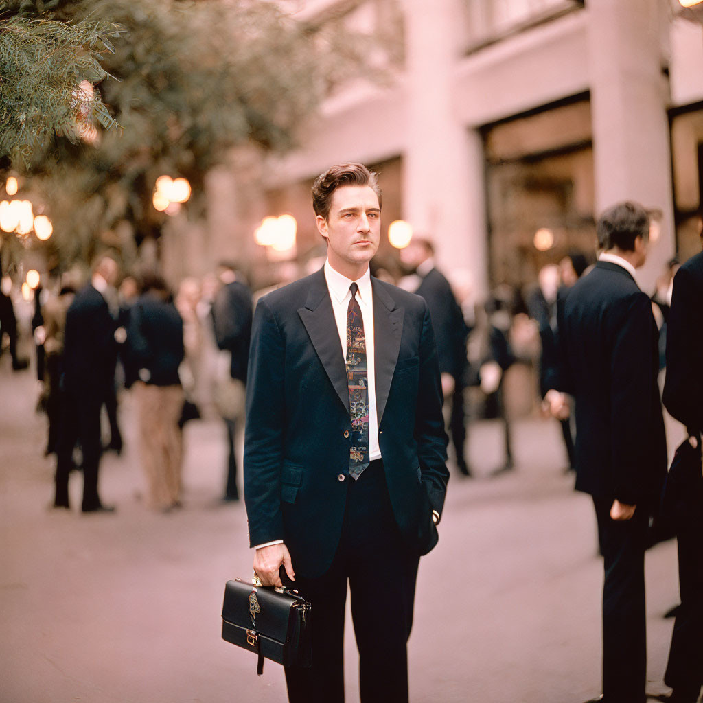 Businessman in Suit with Briefcase on Busy Street