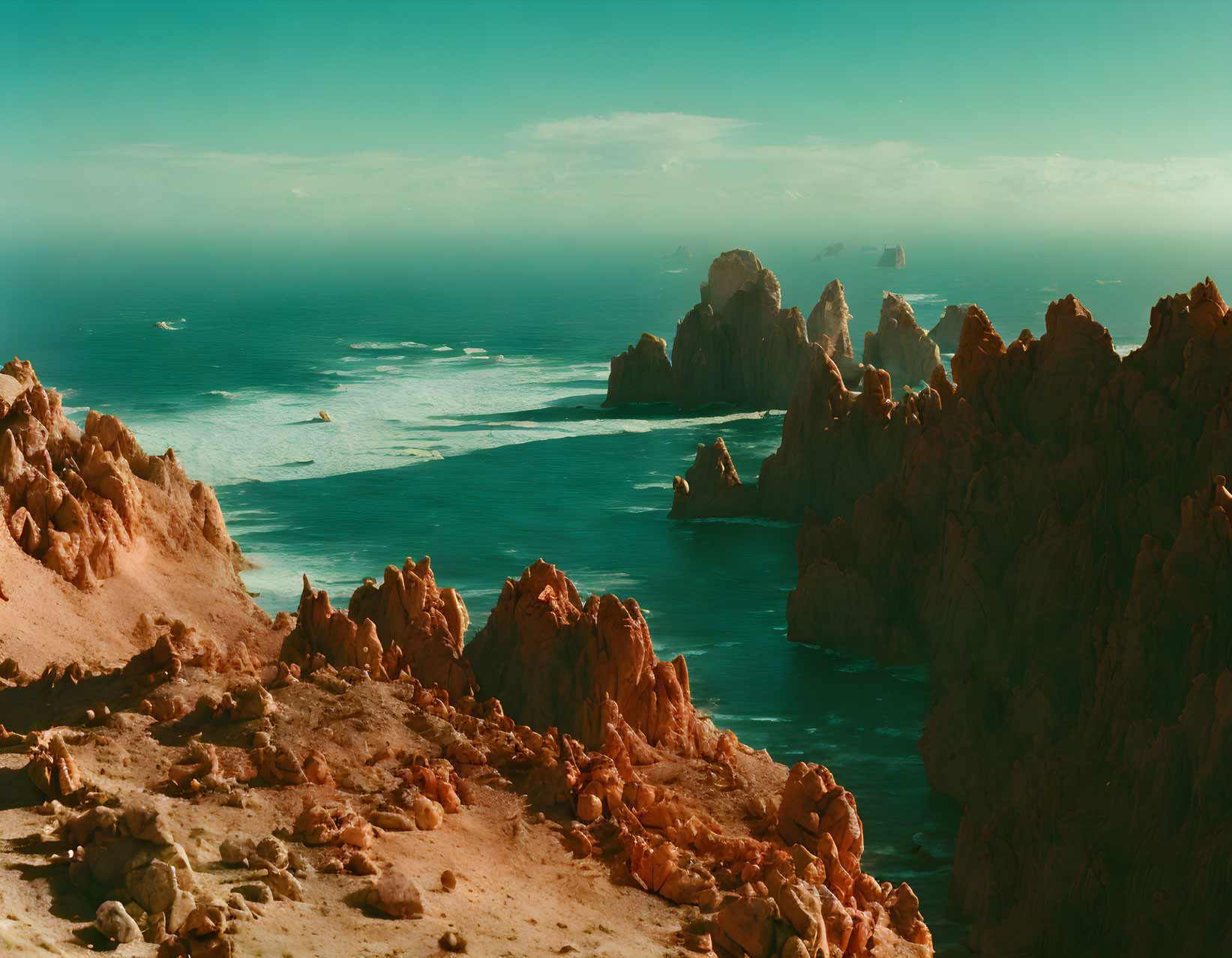 Craggy cliffs and turquoise sea under orange sky