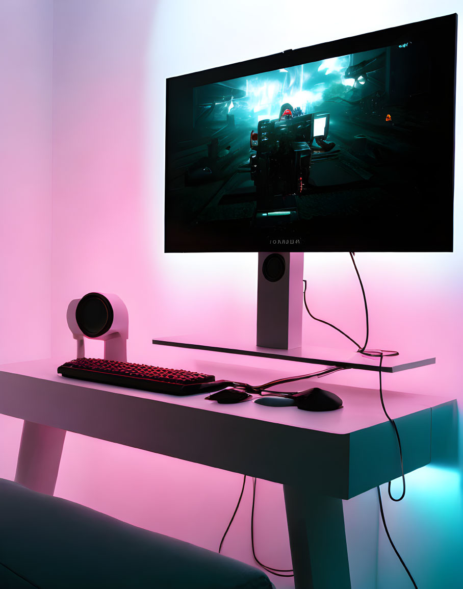 Neon Backlit Modern Gaming Setup with Monitor, Headphones, Keyboard, Mouse, and Smartphone