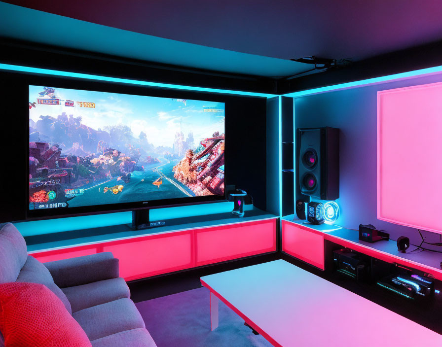 Neon-lit modern gaming room with large screen, speakers, and cozy seating