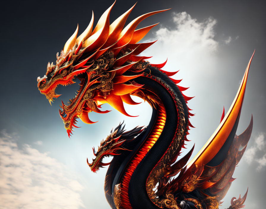 Detailed fiery red and orange dragon illustration against dramatic sky backdrop