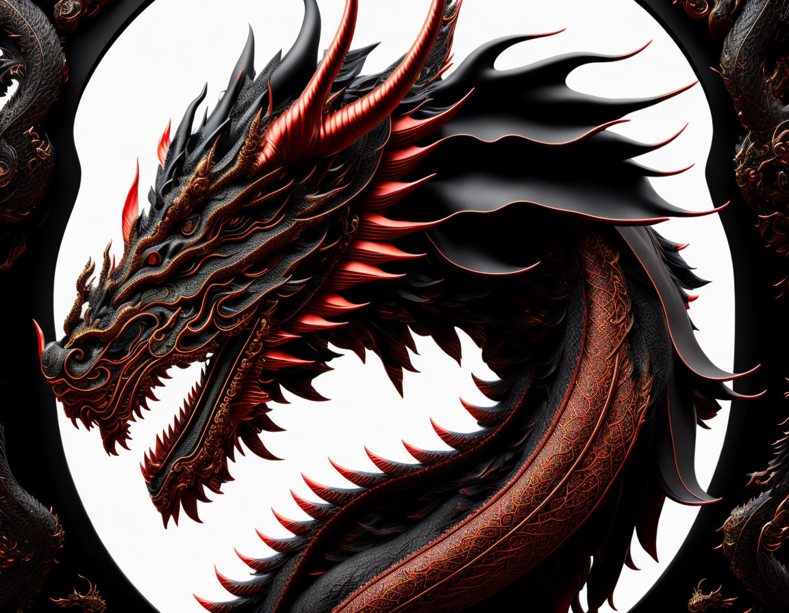 Intricate black and red dragon with sharp spines on white background