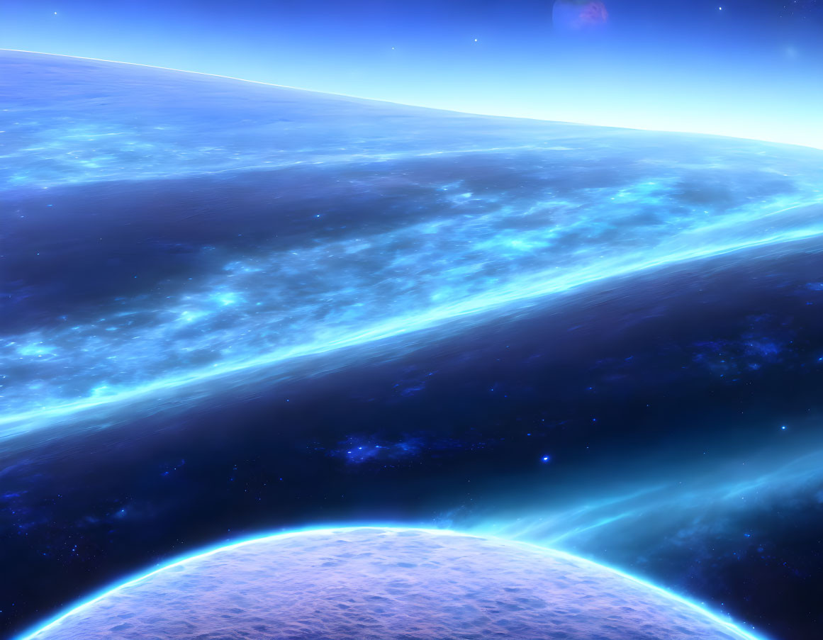 Glowing blue planet surface in deep space scene