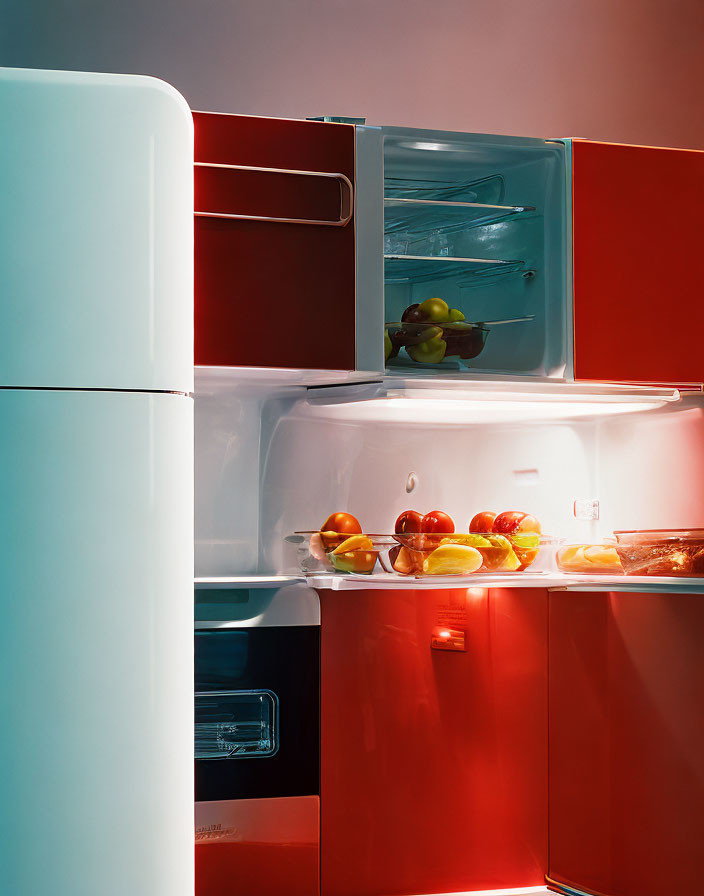 Vintage Fridge Open with Fruits in Red and White Kitchen