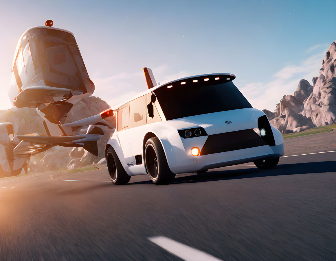 Futuristic white flying car landing on road with mountains at dusk