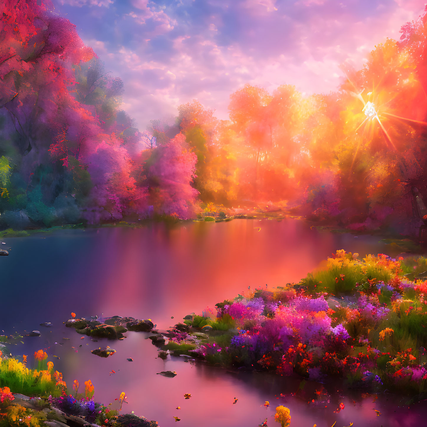 Colorful Landscape with Blooming Flowers, Serene Lake, and Autumn Trees under Radiant Sun