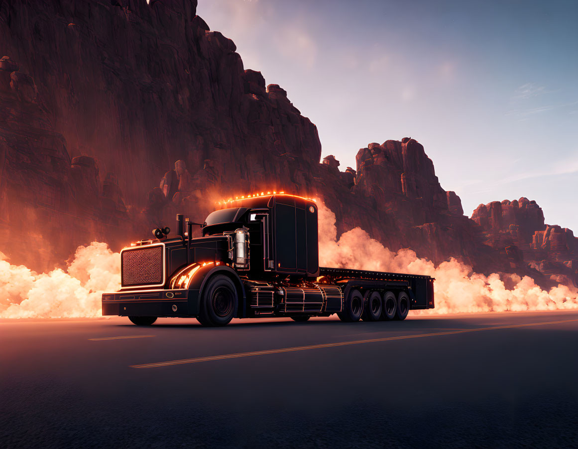 Black semi truck with illuminated lights on highway against rocky landscape at dusk