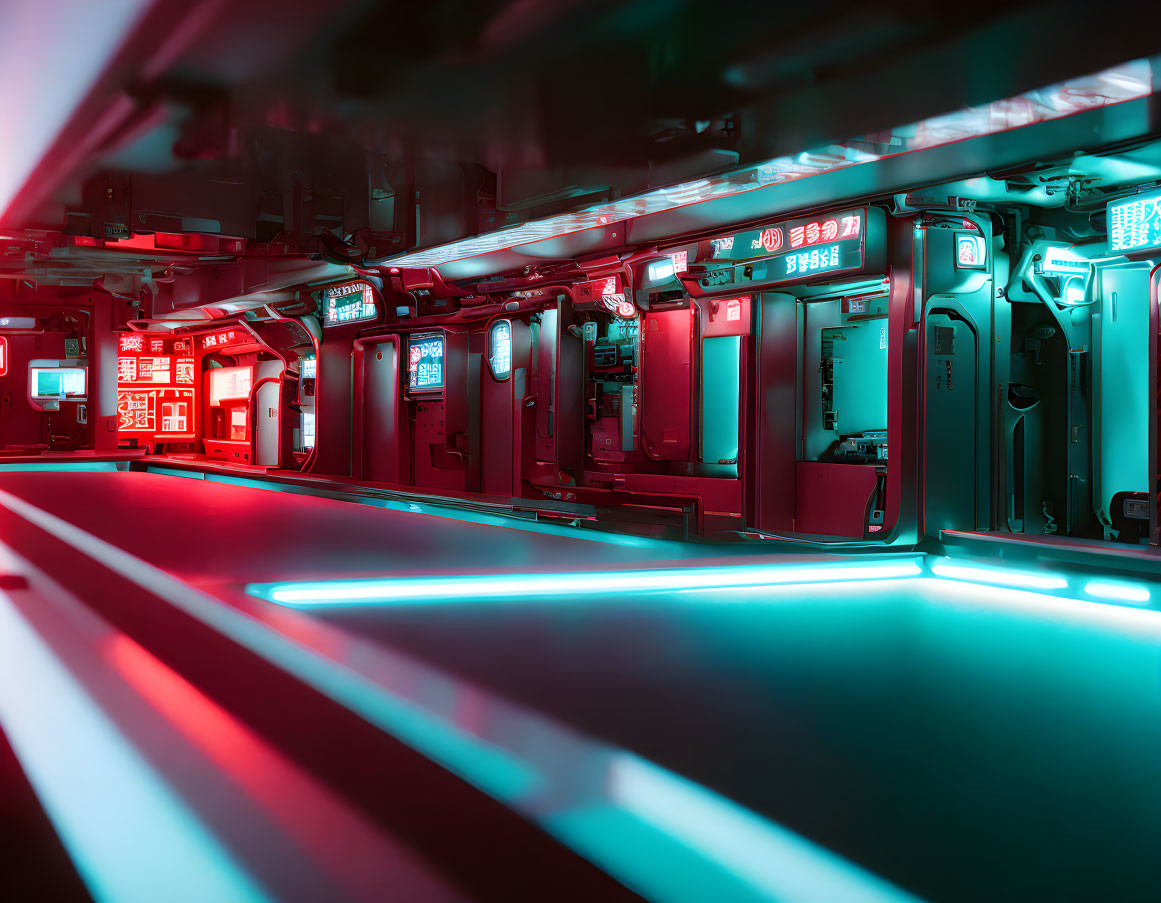 Futuristic corridor with neon lights and high-tech doors