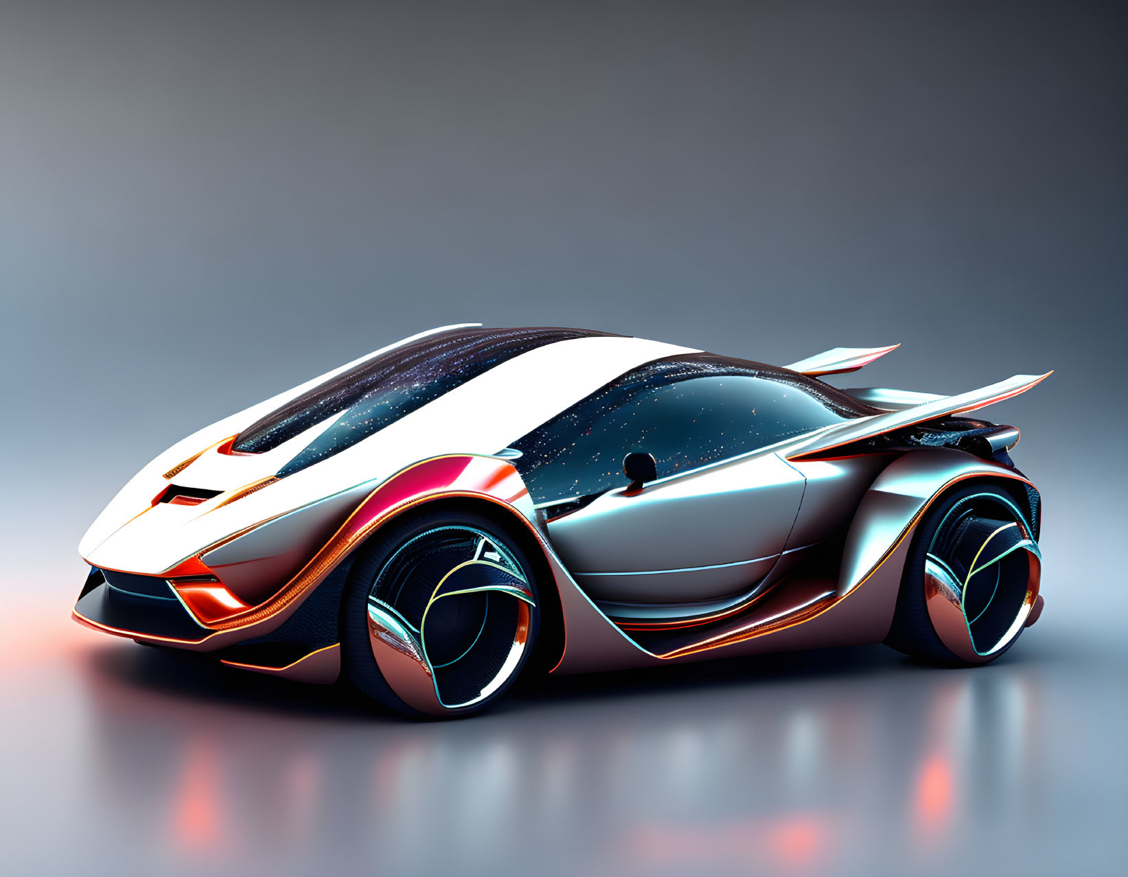 White and Black Futuristic Car with Orange Neon Accents and Aerodynamic Design