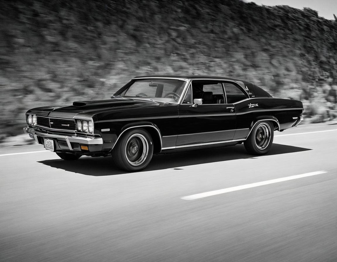 Vintage Black Car Speeding on Road with Motion Blur