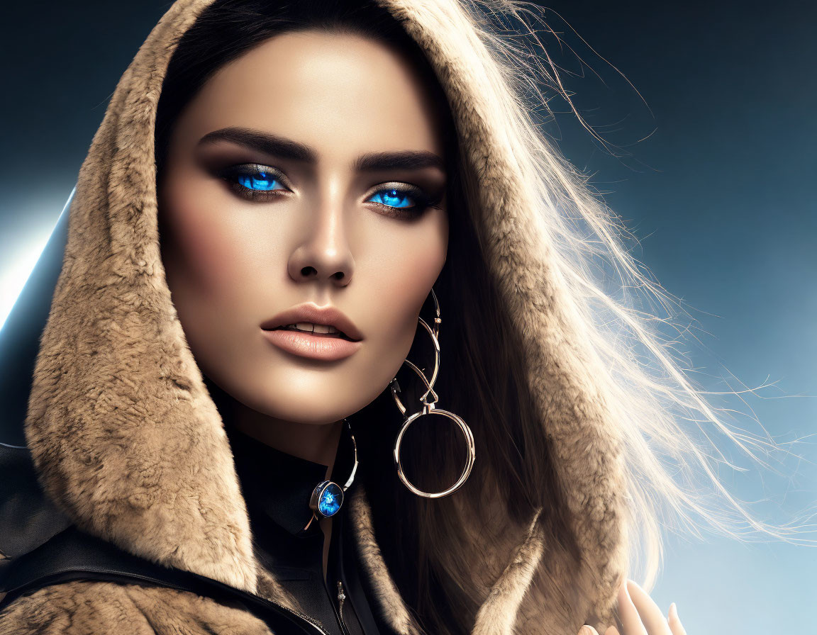 Blonde woman with blue eyes in fur-trimmed attire and hoop earrings