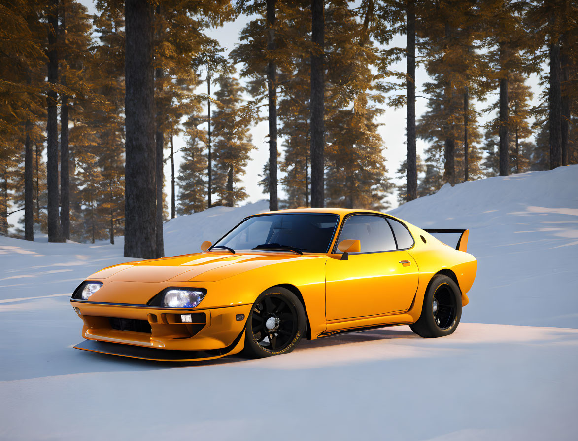 Bright Yellow Sports Car with Rear Spoiler Parked in Snowy Pine Forest