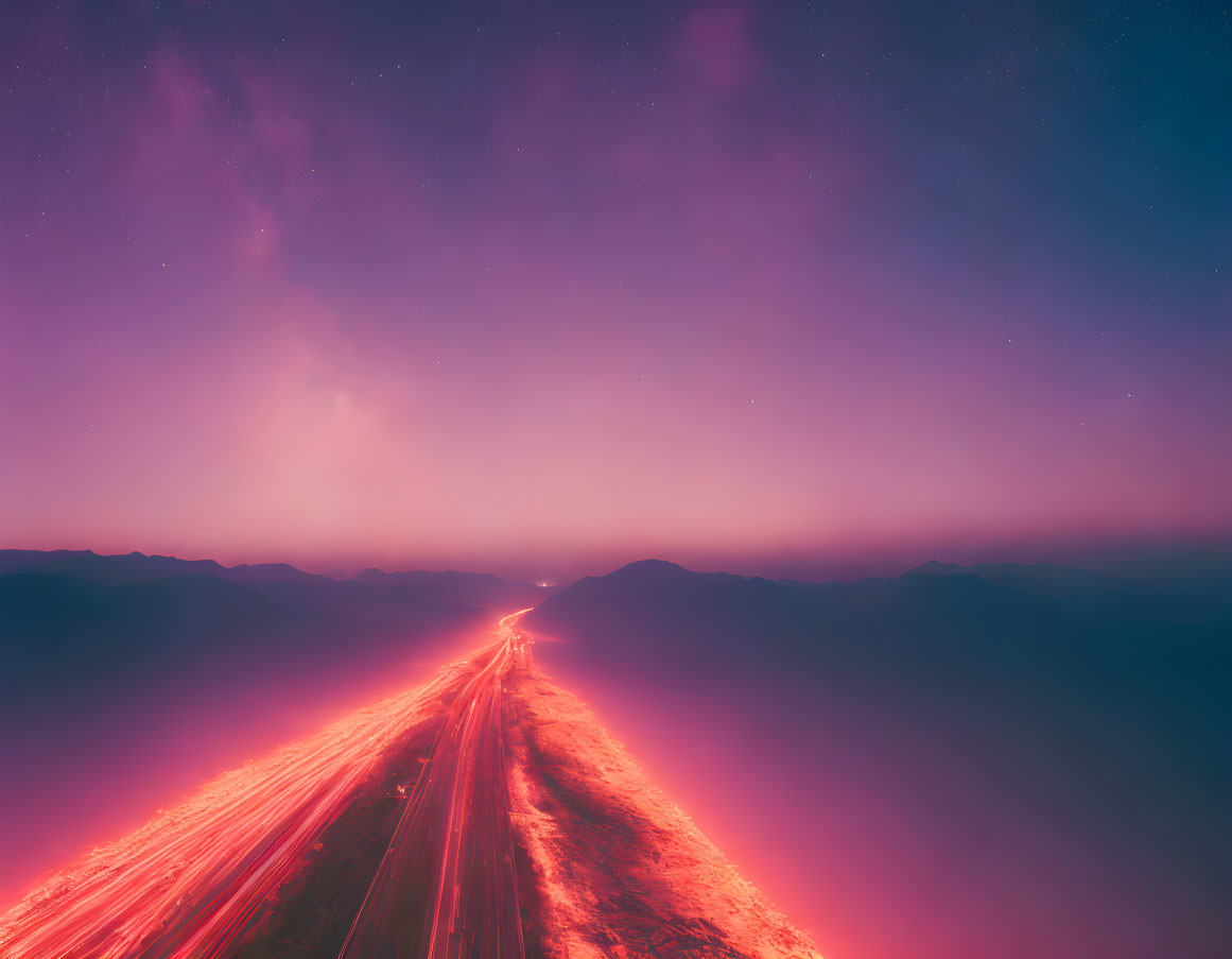 Highway Through Mountains: Long-exposure Night Shot