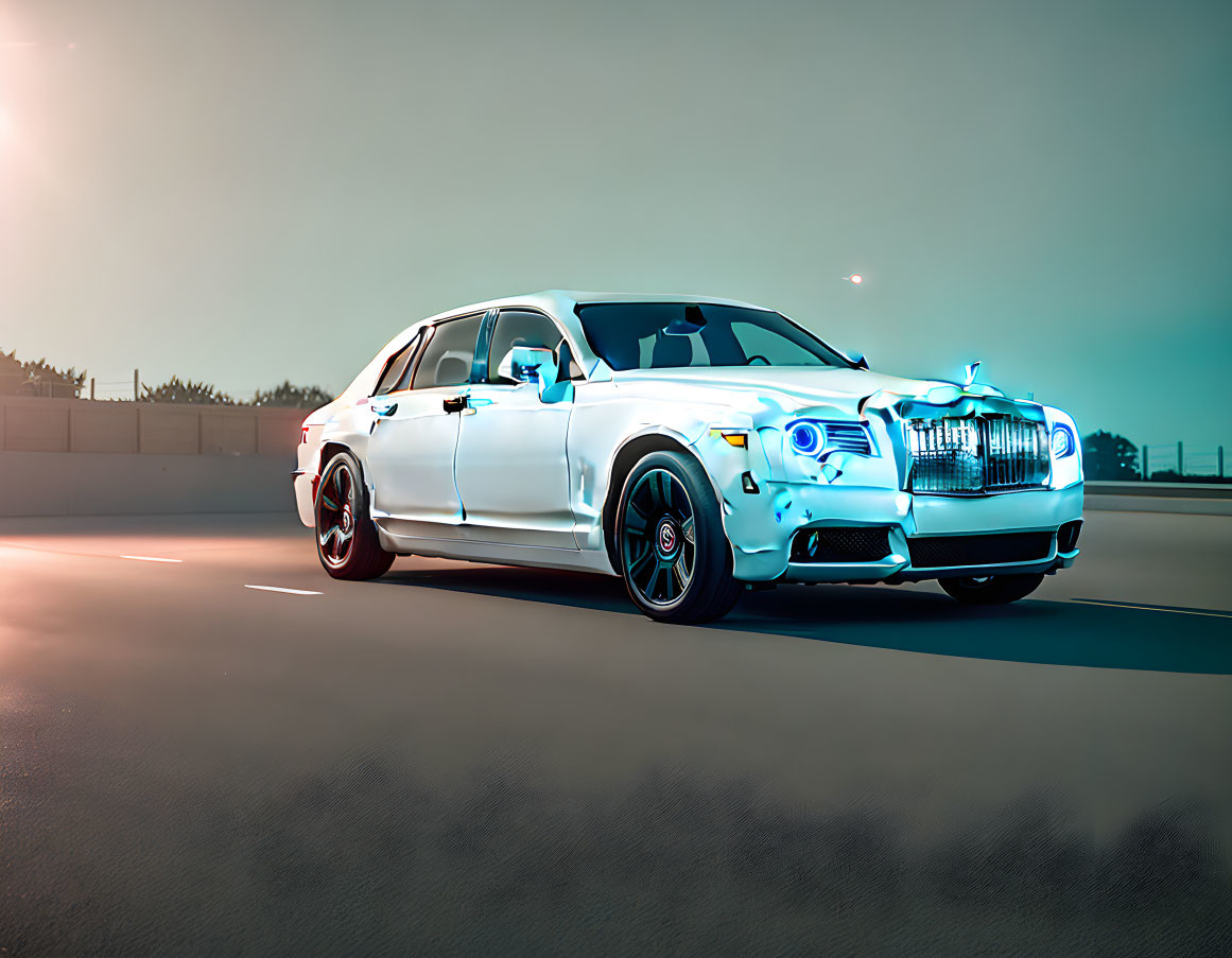 Luxury white sedan driving on road at sunset with vibrant color scheme