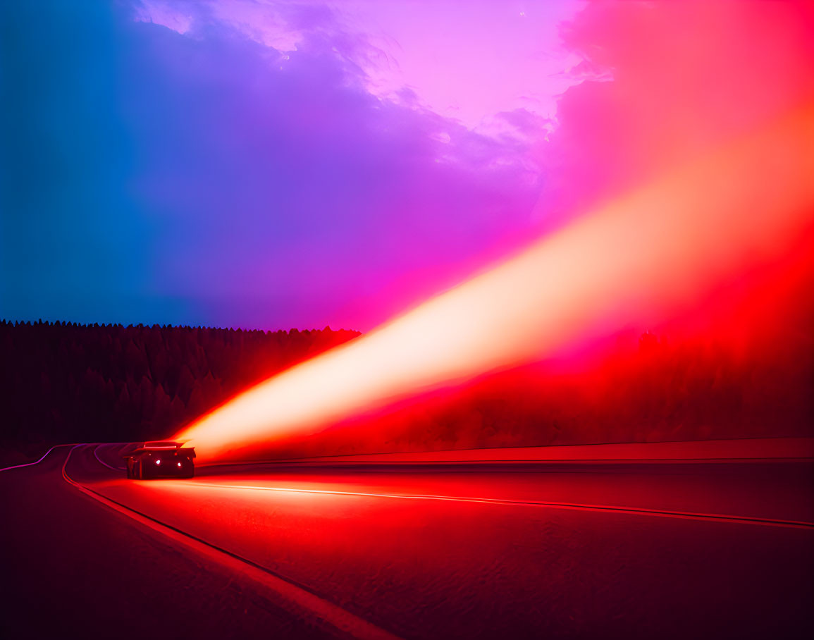 Vehicle with Bright Headlights on Road at Dusk Casting Red and Purple Sky Hues