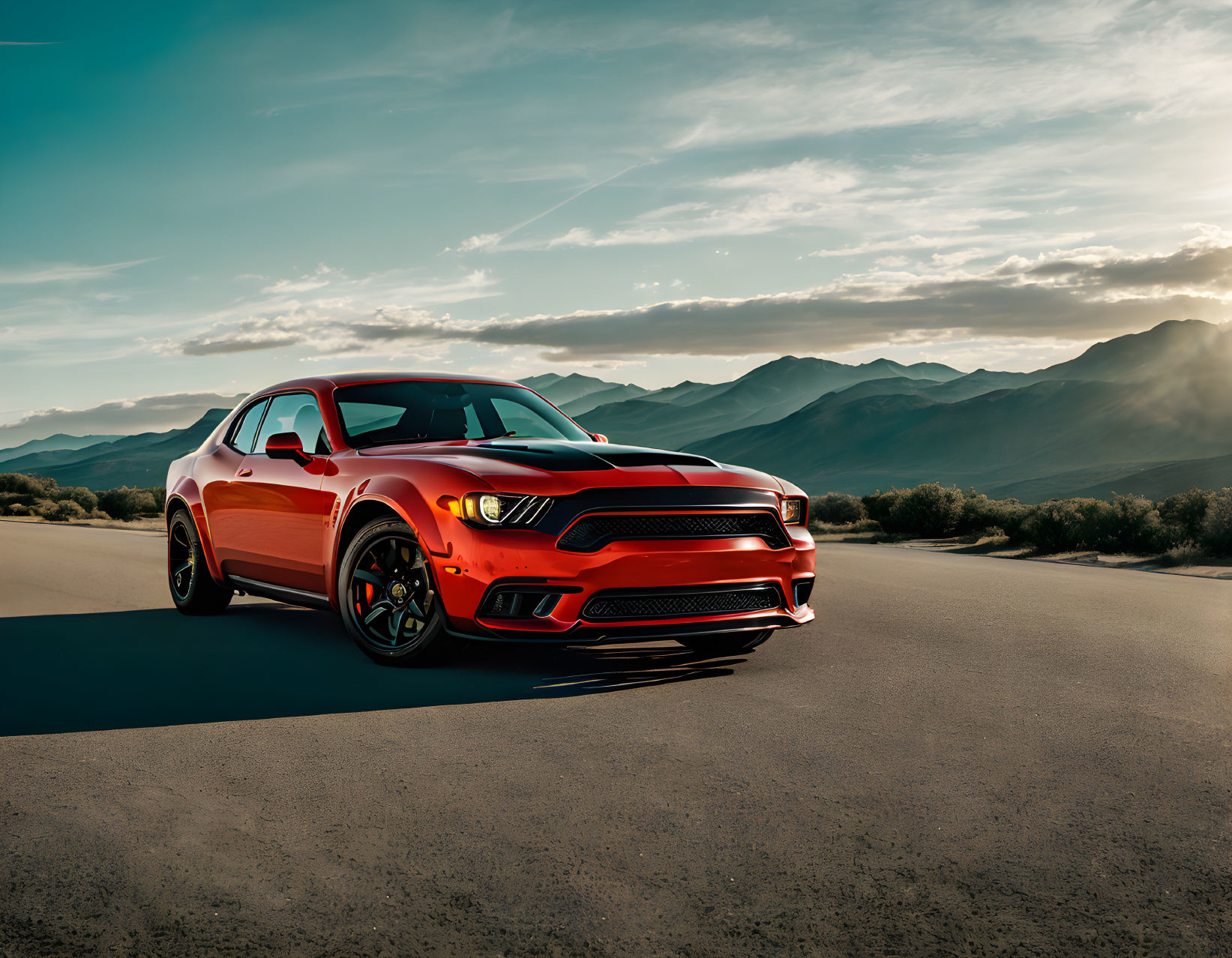 Red Sports Car Parked on Open Road with Mountain Backdrop and Dramatic Sunlight