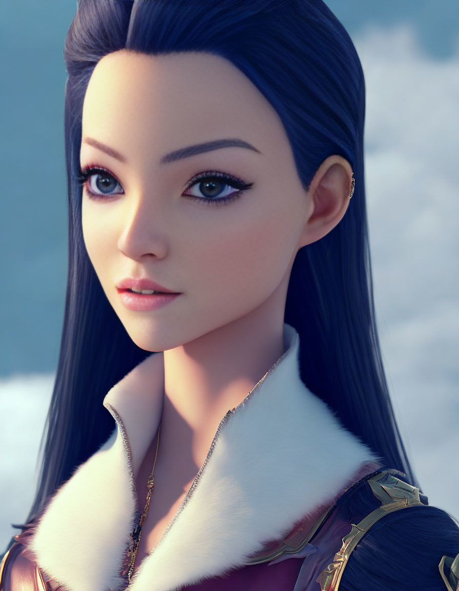 3D Rendered Female Character in White Fur-Collared Coat