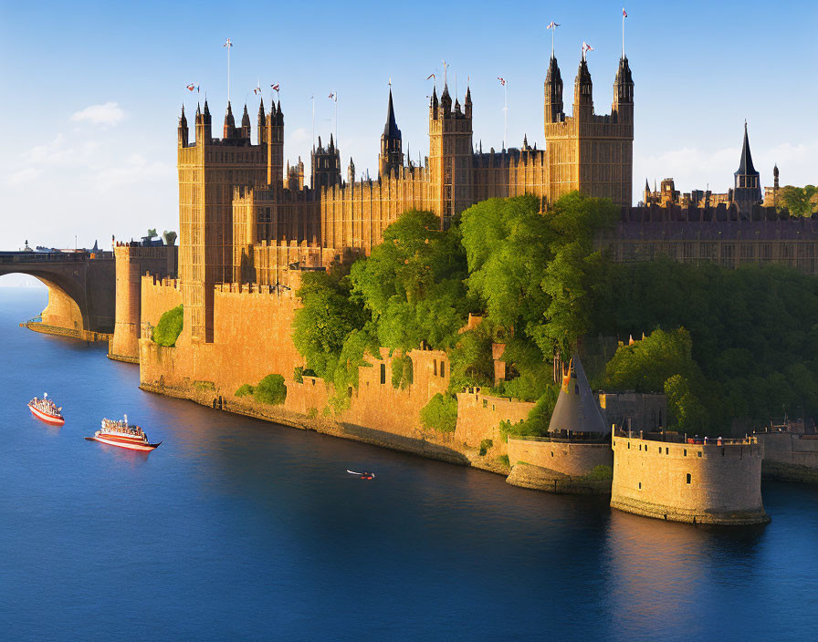 Panoramic view: Houses of Parliament by river with boats, clear blue sky