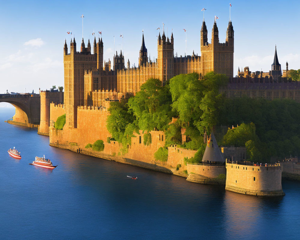 Panoramic view: Houses of Parliament by river with boats, clear blue sky