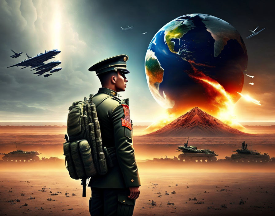 Soldier with backpack views surreal scene of erupting volcano and flying jets