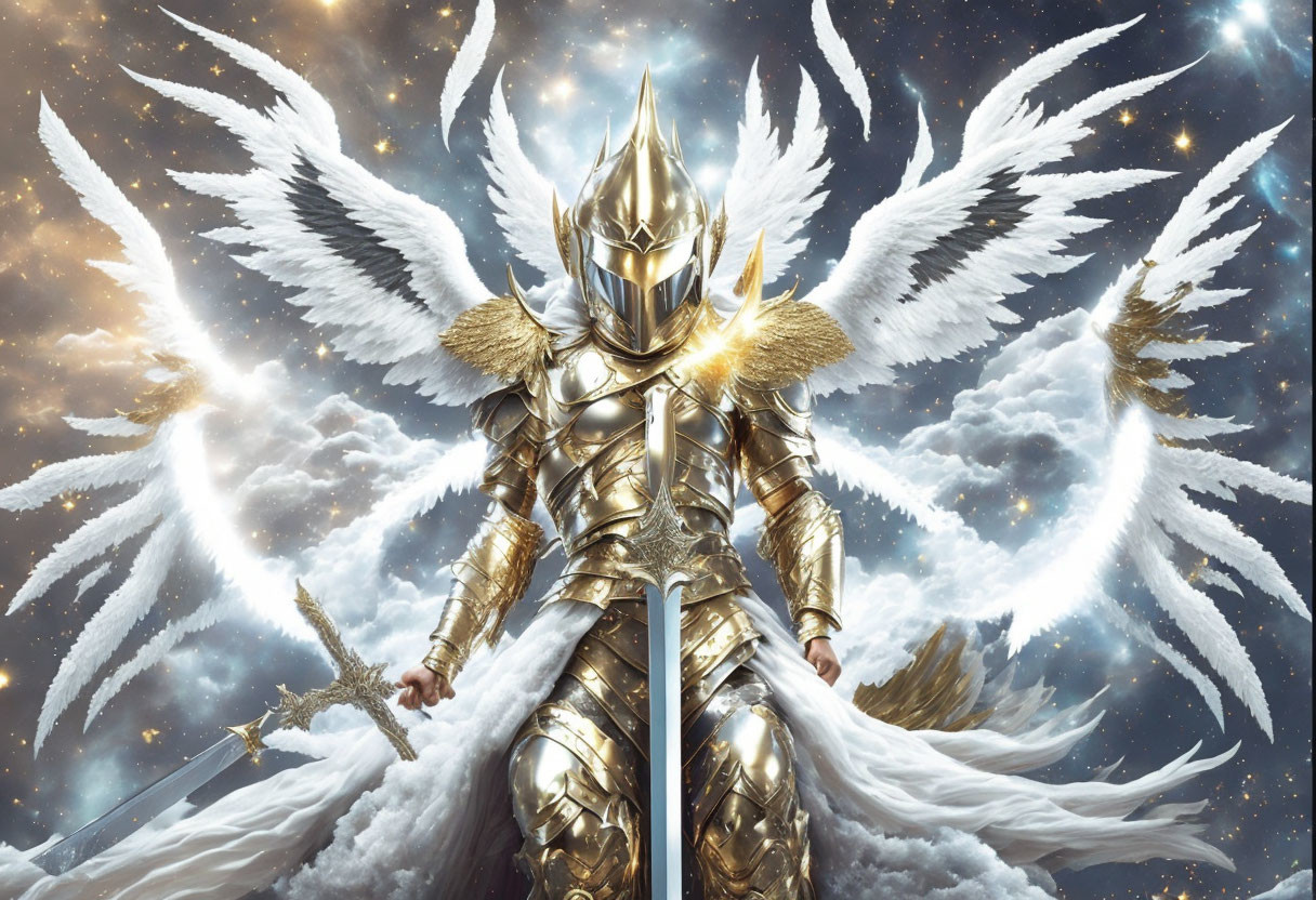 Armored Figure with White Wings and Sword in Celestial Setting