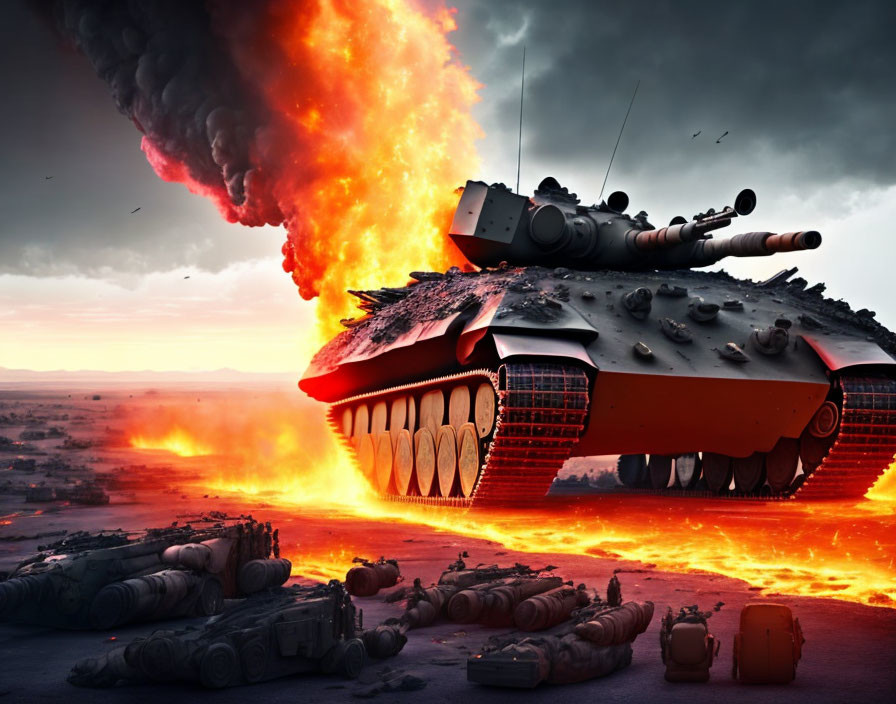 Apocalyptic digital artwork of flaming tank in destroyed landscape