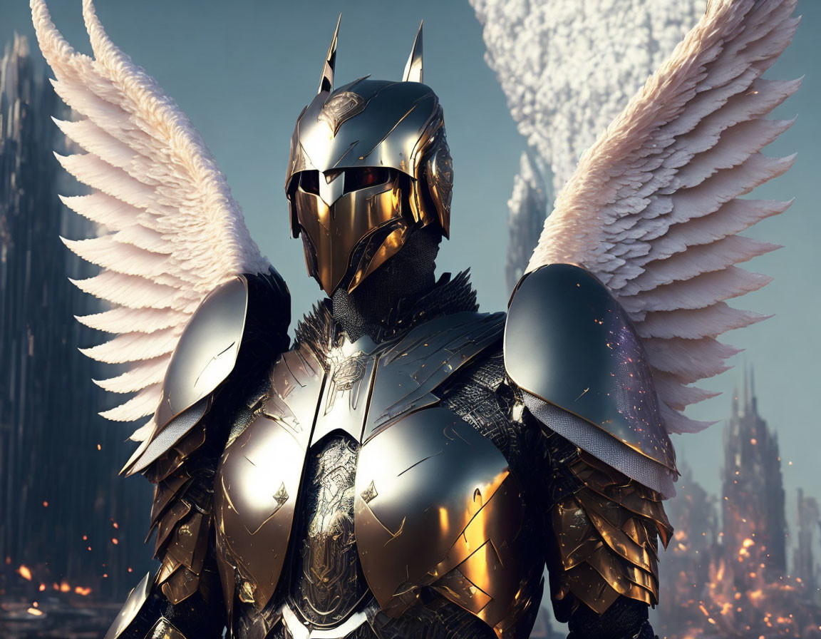 Golden-armored figure with white wings in front of futuristic cityscape