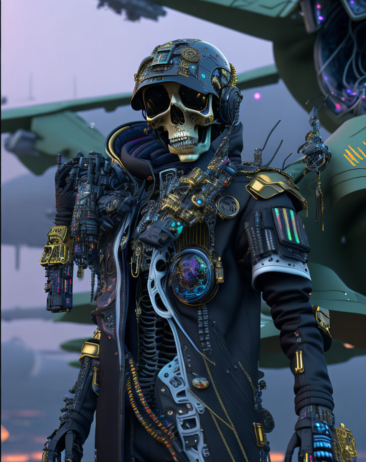 Futuristic cyborg with skull face and high-tech gear among advanced aircraft at twilight