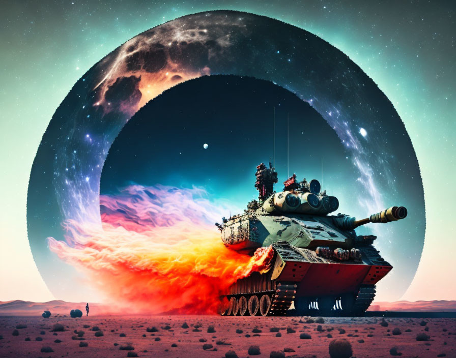 Giant tank in desert with surreal planet and twilight sky